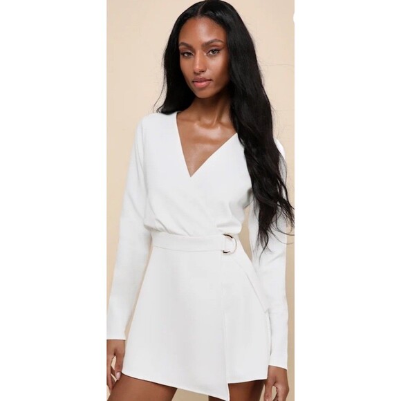 Lulu’s Long Sleeve White Faux-Wrap Belted Skort Romper Size XL NEW Bridal Shower - Picture 3 of 8